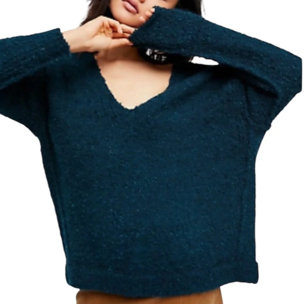 Free People Lofty V-Neck Sweater Forest Teal Green Oversized‎ Boucle Knit Small